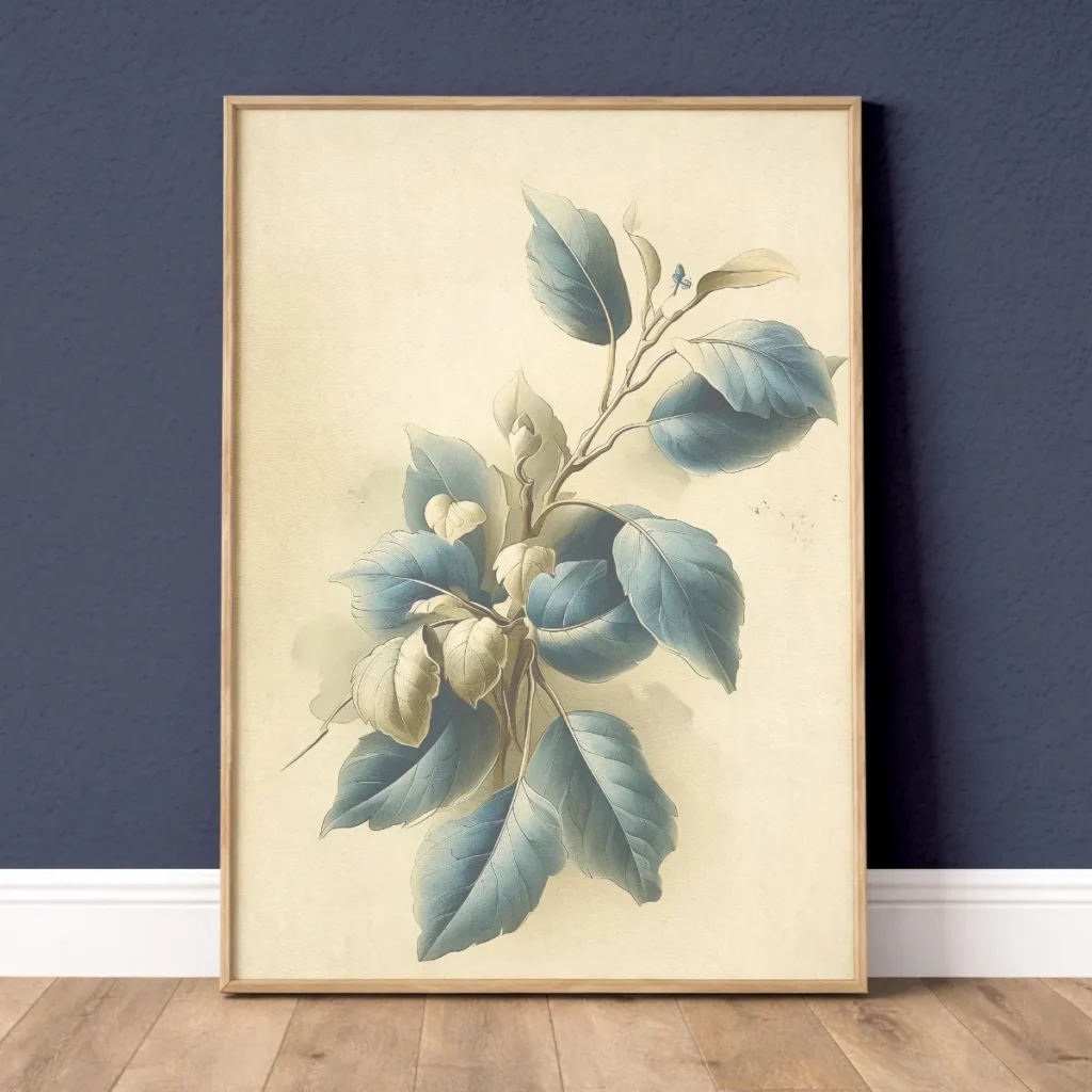 Abstract ivory blue foliage botanical wall art print