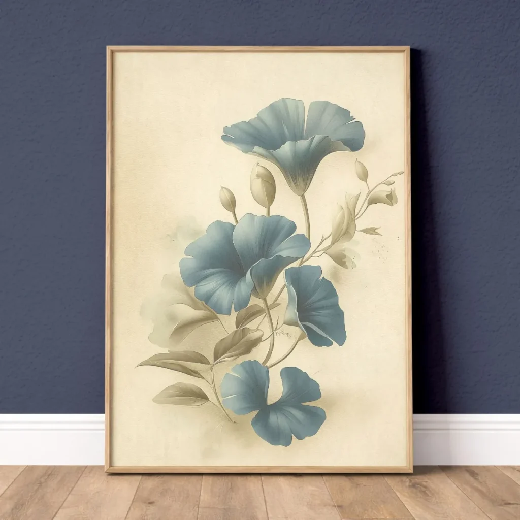 Abstract ivory blue ginkgo botanical wall art print