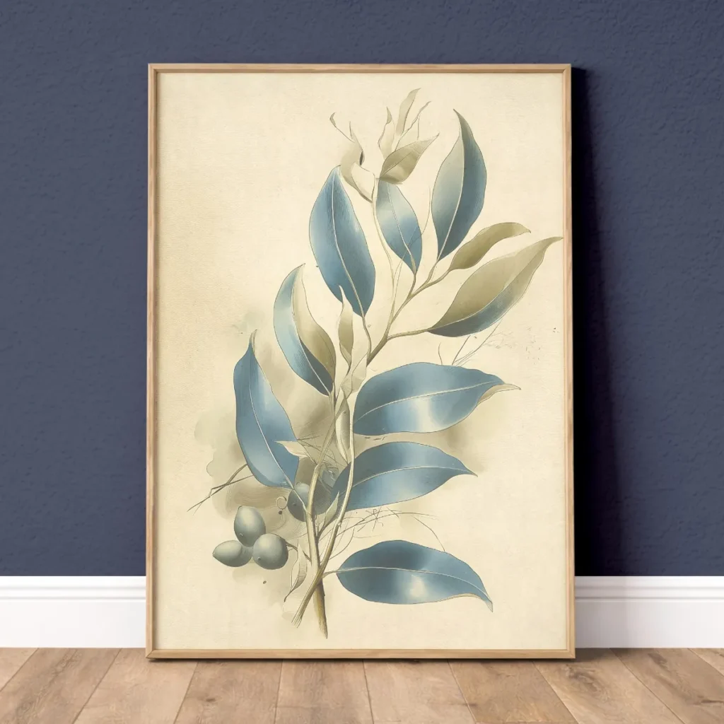 Abstract ivory blue leaf branch botanical wall art print
