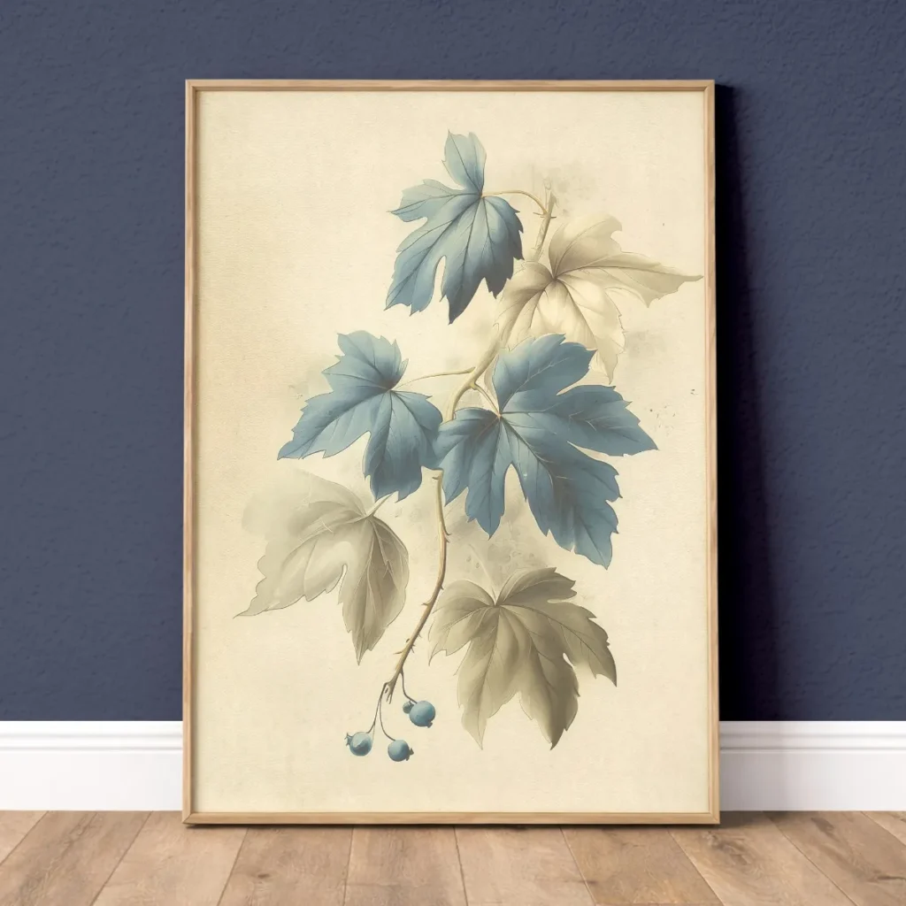 Abstract ivory blue maple leaf botanical wall art print