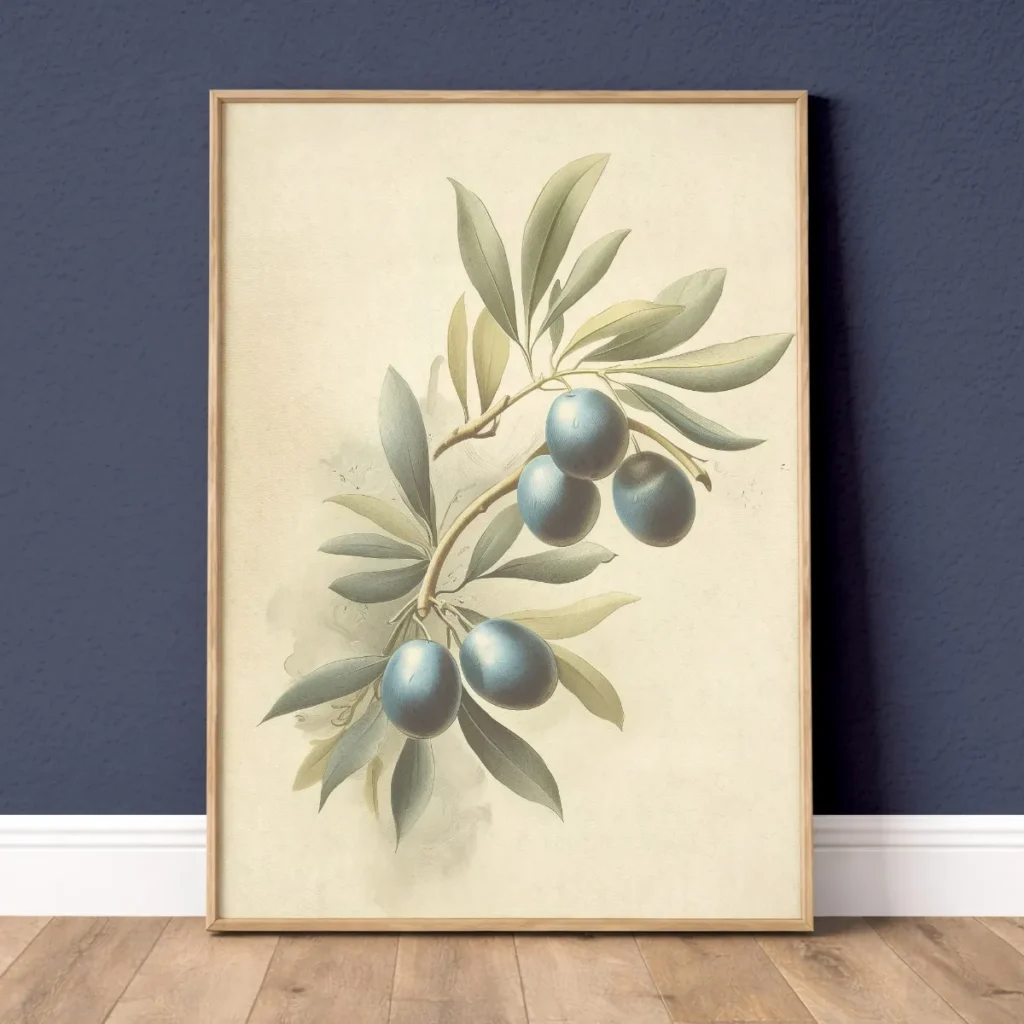 Abstract ivory blue olive branch botanical wall art print