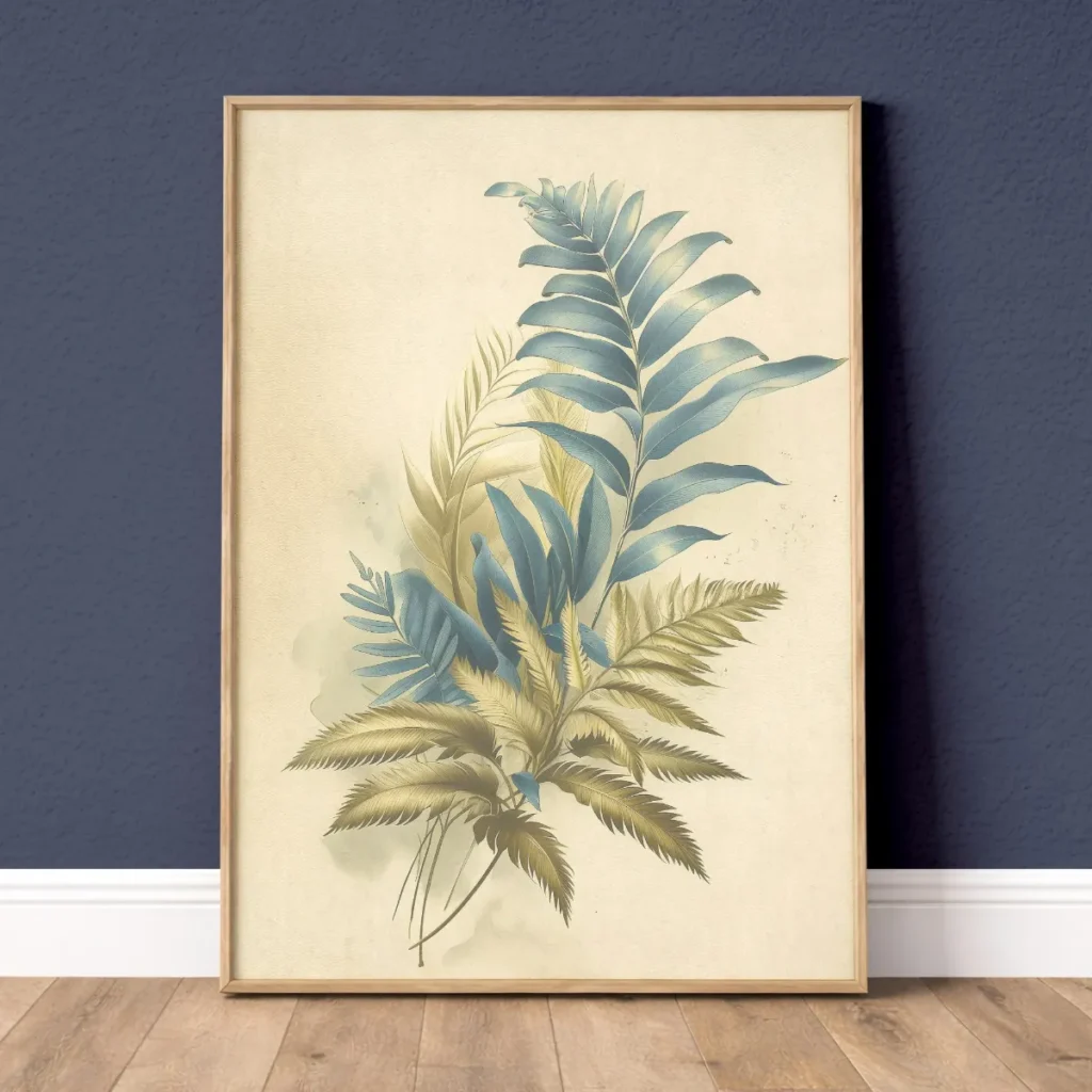 Abstract ivory blue palm leaf botanical wall art print