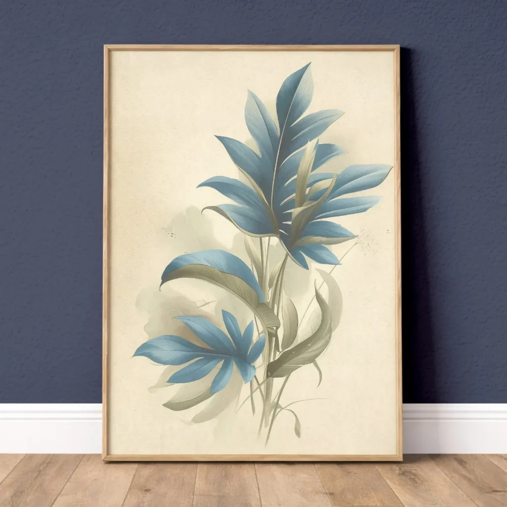 Abstract ivory blue tropical leaf botanical wall art print