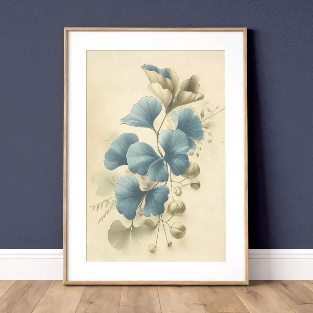 Framed ivory blue botanical print with soft blue leaves, warm ivory paper tones, and a light wood frame on a deep blue wall.
