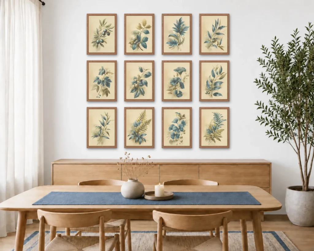 Ivory blue botanical wall art collection with 12 framed prints displayed above a wooden dining table in a calm neutral dining room.