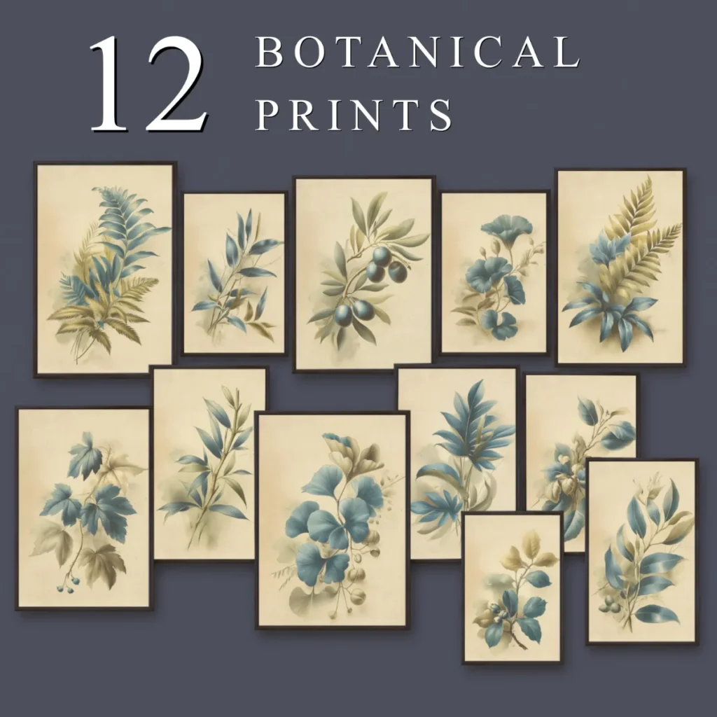 Ivory blue botanical wall art set of 12 prints