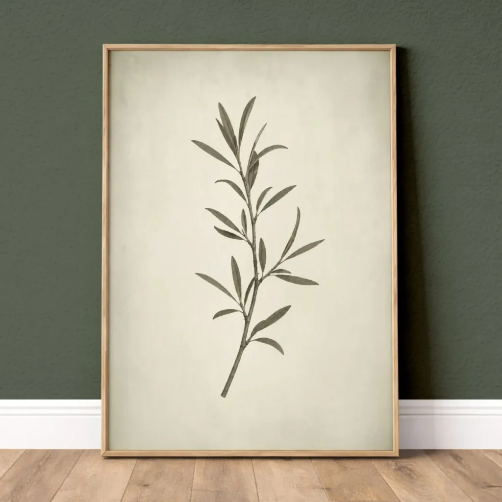 Vintage green almond leaves botanical wall art print