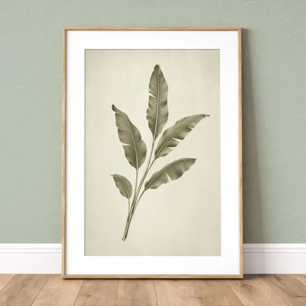 Framed vintage green raspberry botanical wall art print with white mat on a soft sage wall.