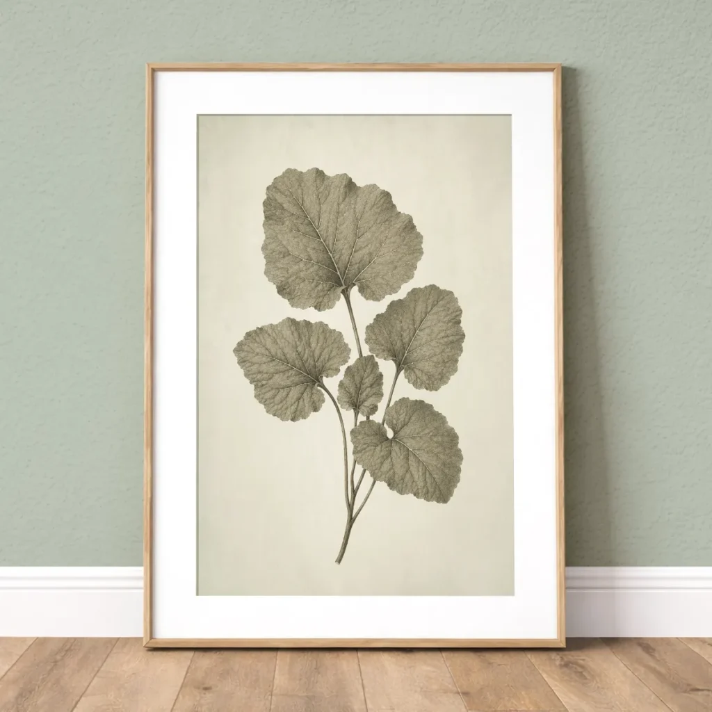 Framed vintage green burdock botanical wall art print with white mat on a soft sage wall.
