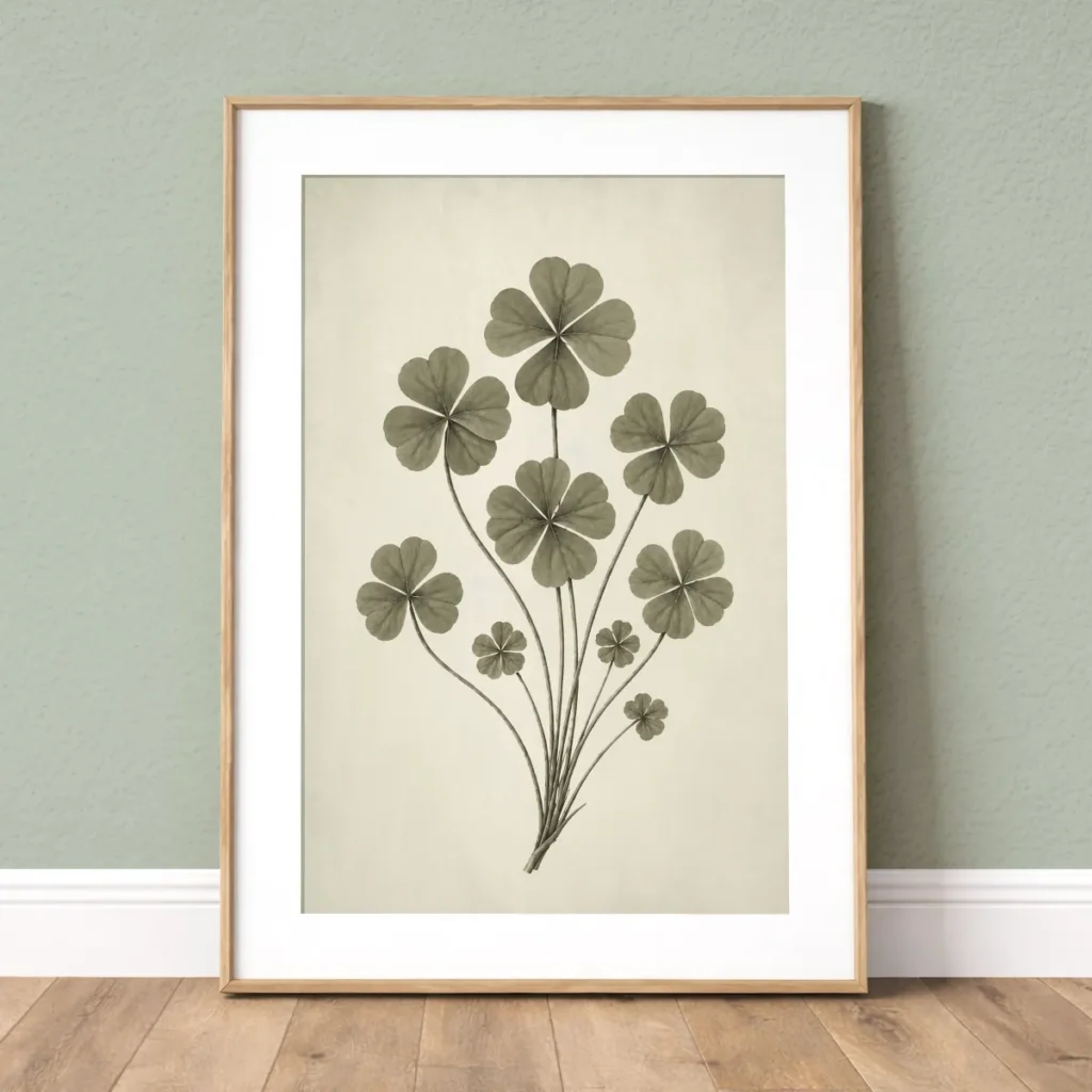 Framed vintage green clover botanical wall art print with white mat on a soft sage wall.