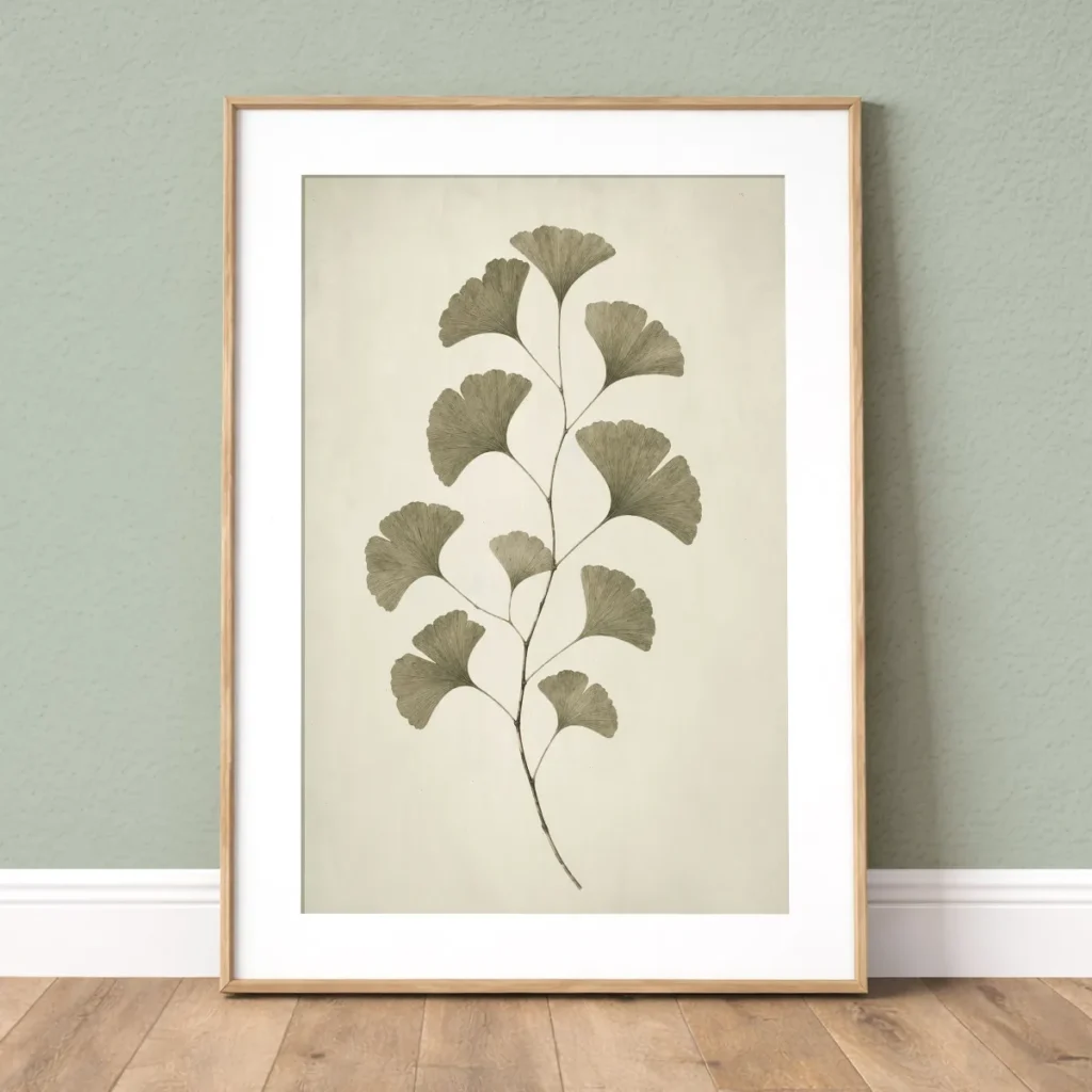 Framed vintage green ginkgo botanical wall art print with white mat on a soft sage wall.