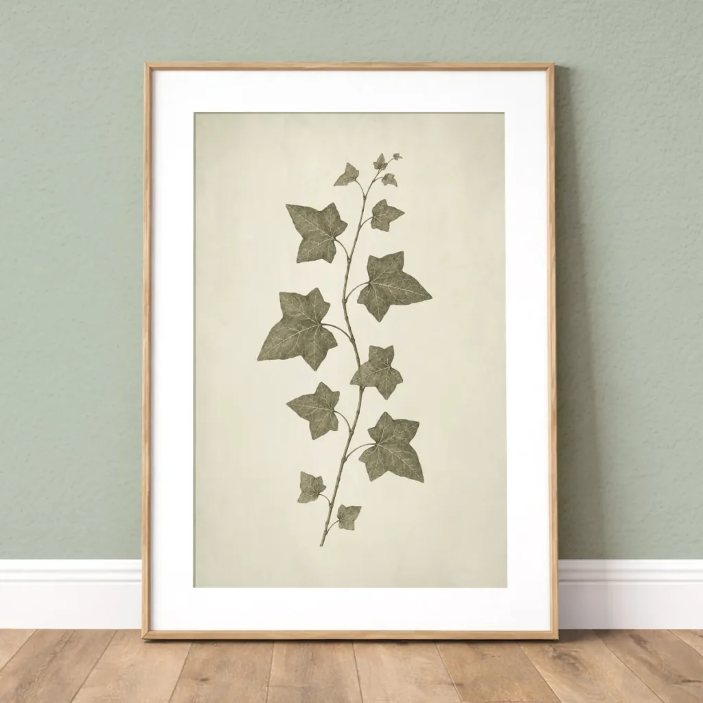Framed vintage green ivy botanical wall art print with white mat on a soft sage wall.