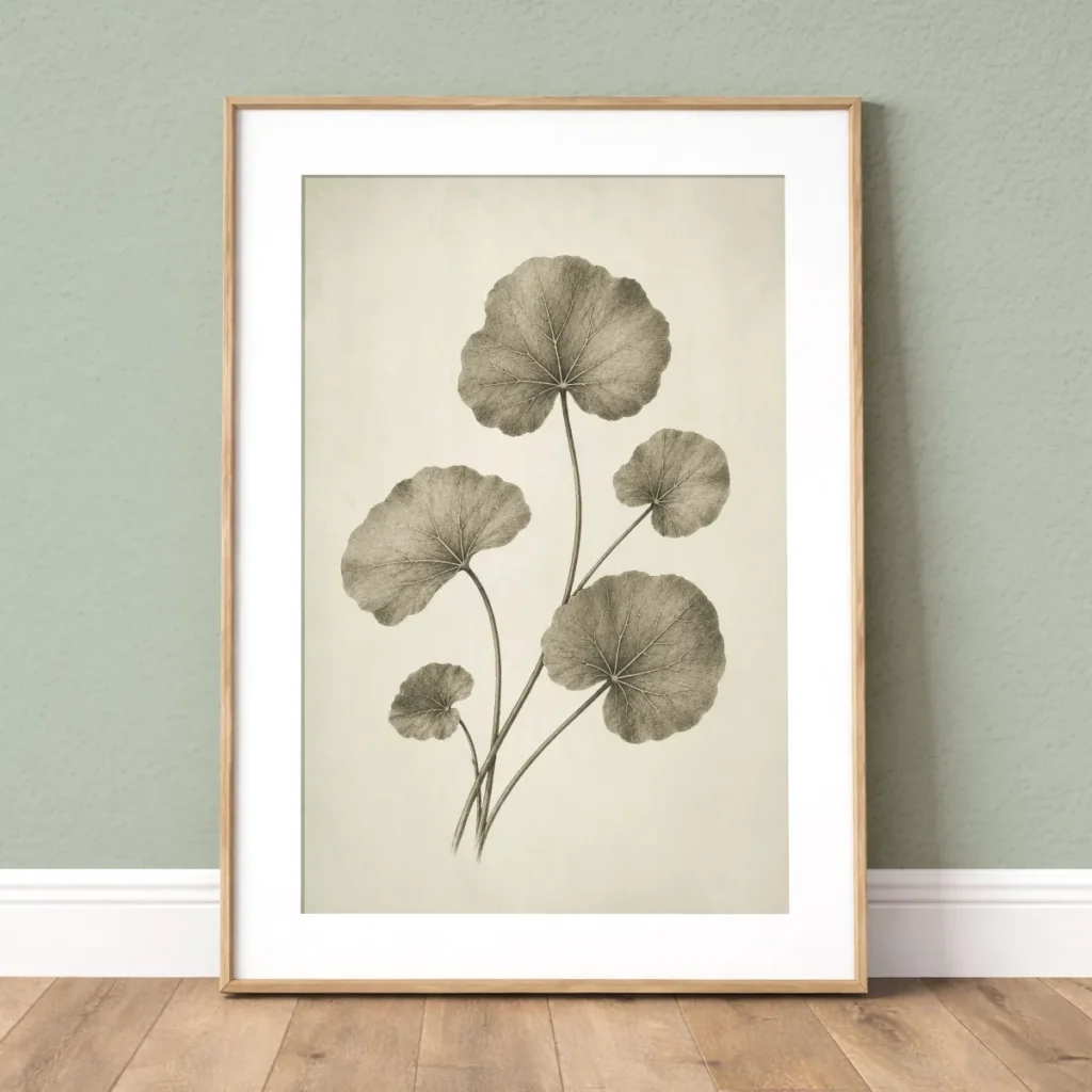 Framed vintage green marsh marigold botanical wall art print with white mat on a soft sage wall.