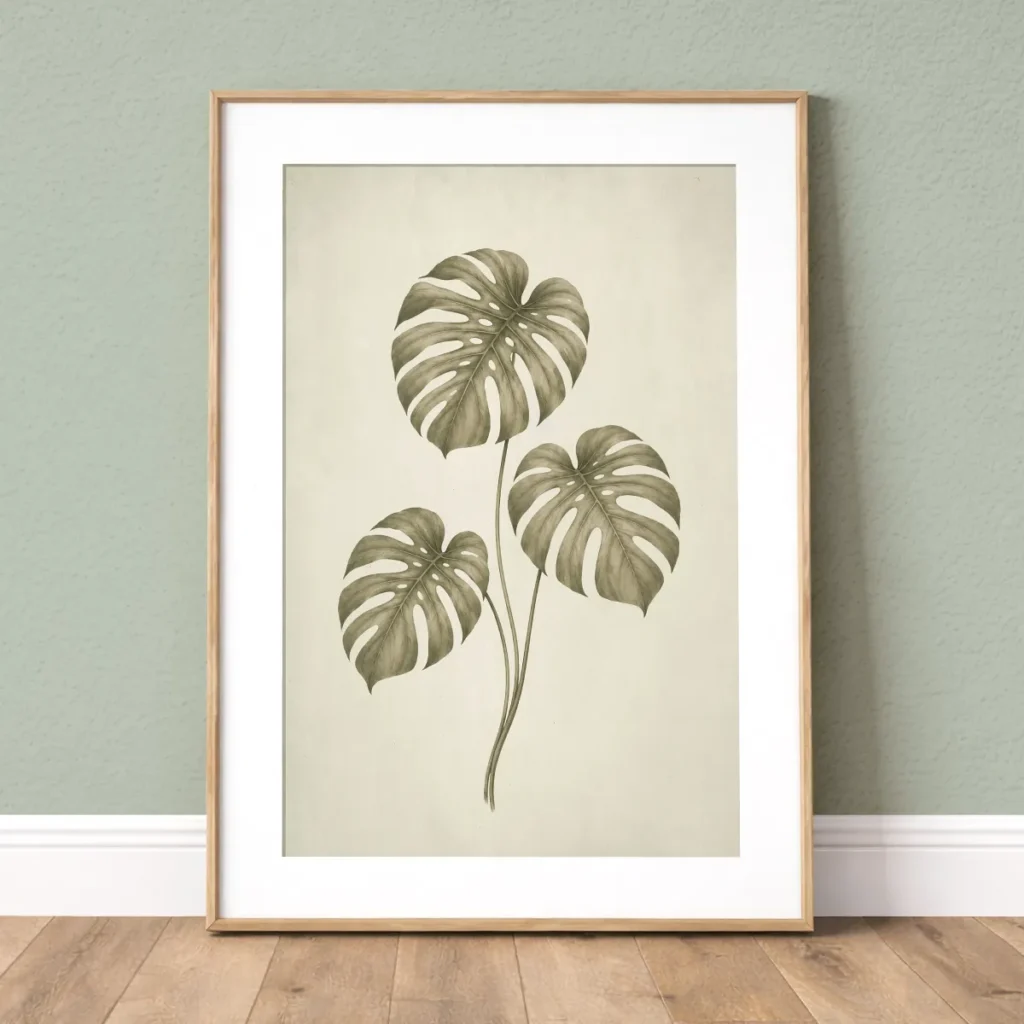 Framed vintage green monstera botanical wall art print with white mat on a soft sage wall.