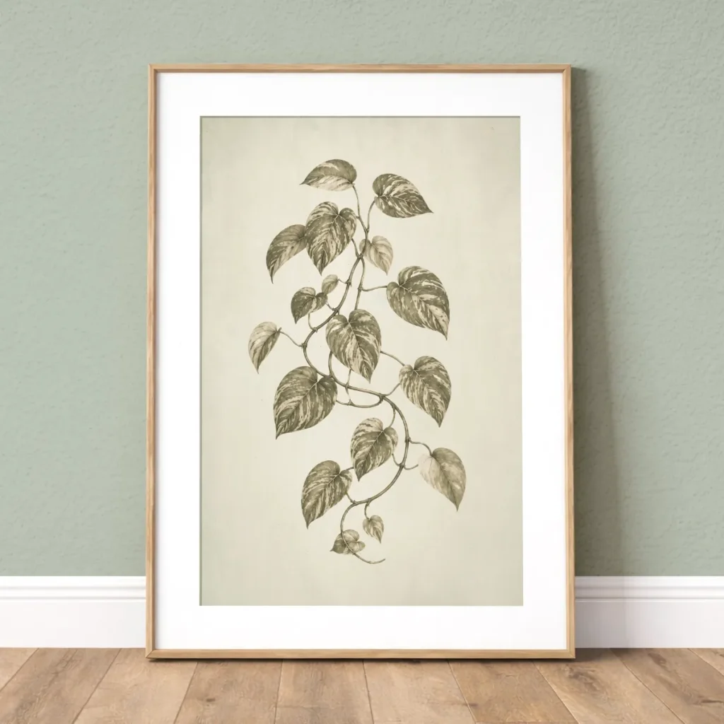 Framed vintage green pothos botanical wall art print with white mat on a soft sage wall.
