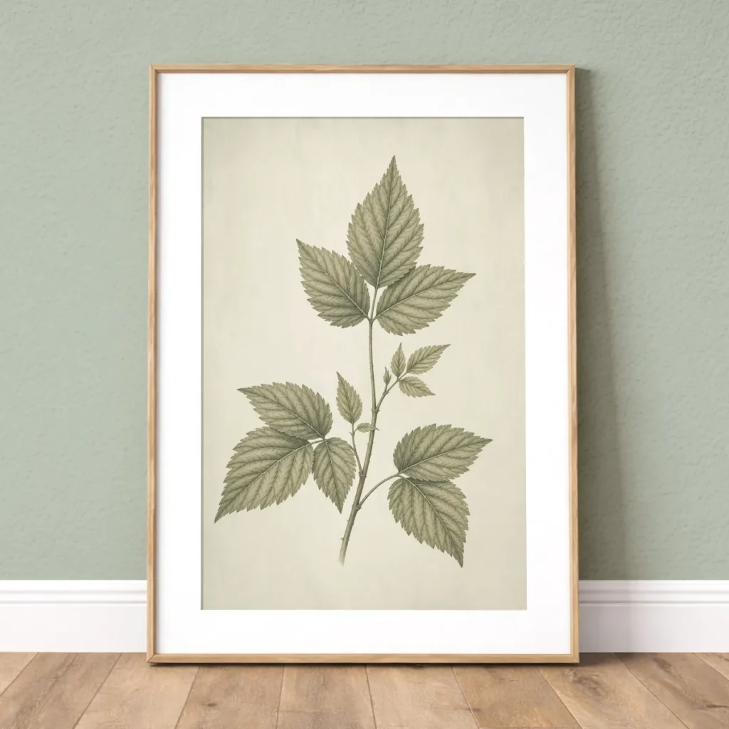 Framed vintage green raspberry botanical wall art print with white mat on a soft sage wall.