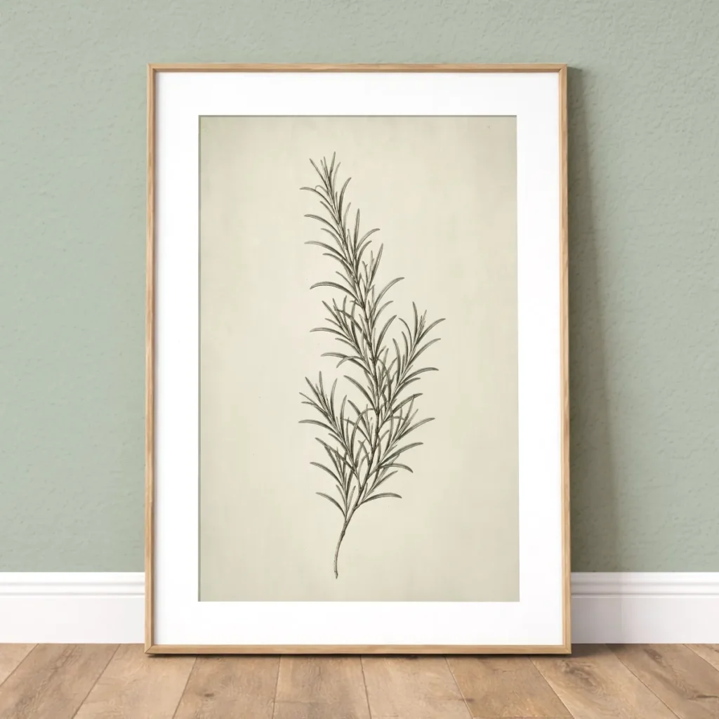 Framed vintage green rosemary botanical wall art print with white mat on a soft sage wall.
