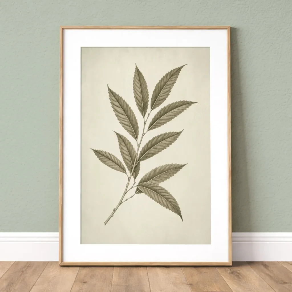 Framed vintage green sweet chestnut botanical wall art print with white mat on a soft sage wall.