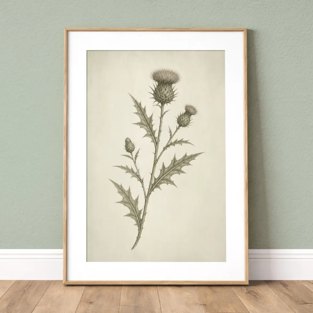 Framed vintage green thistle botanical wall art print with white mat on a soft sage wall.