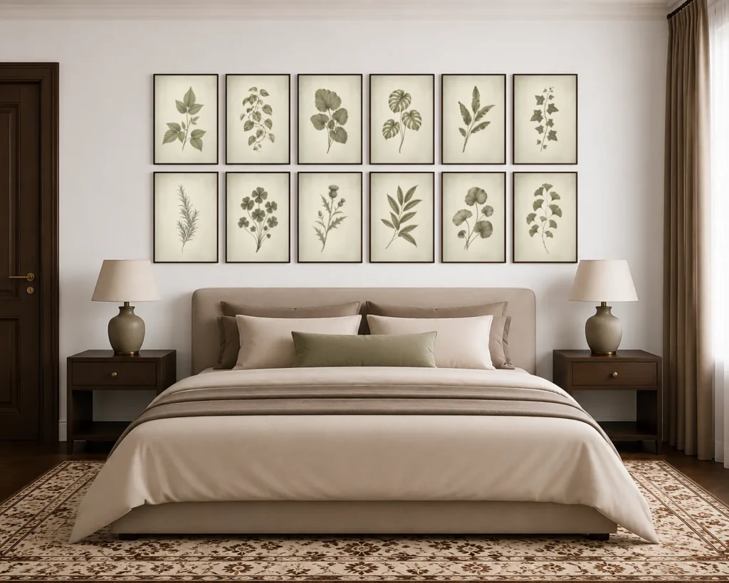 Organic modern bedroom with Vintage Green Botanical Wall Art Volume II styled as a gallery wall above the bed.